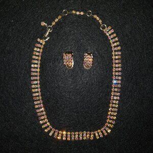 Elegant Vintage 1960s AMSEL Aurora Borealis Rhinestone Necklace Earrings Set